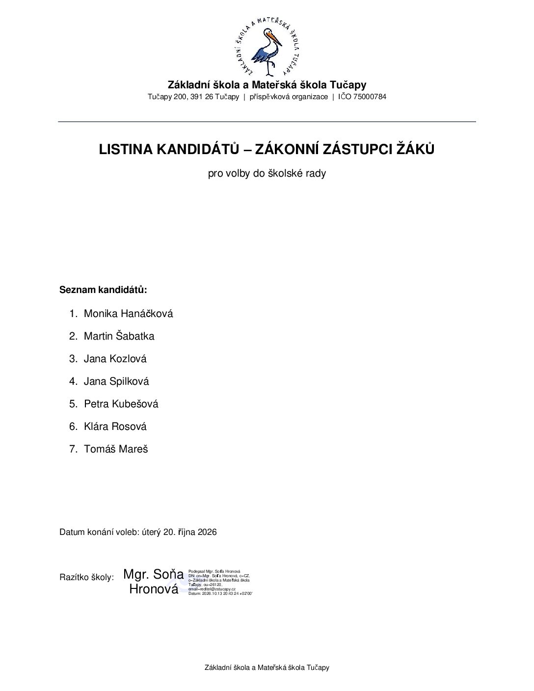 Listina kandidátů do Školské rady pro období 2026-2029